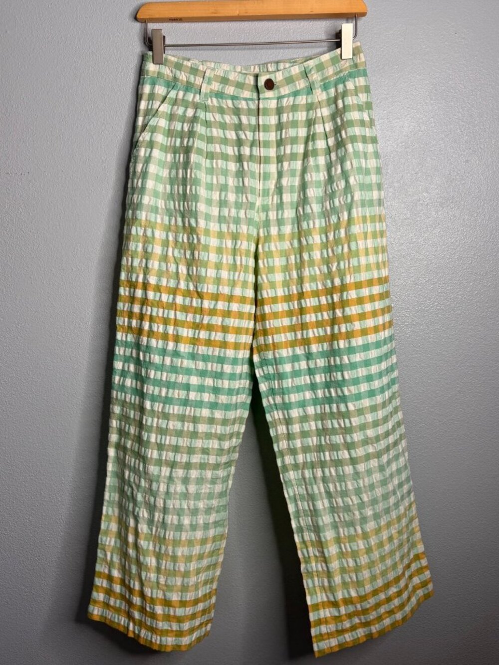 ONeill Womens Barnet Casual Pants Green Yellow Gingham 27 Cotton Wide Leg NWT